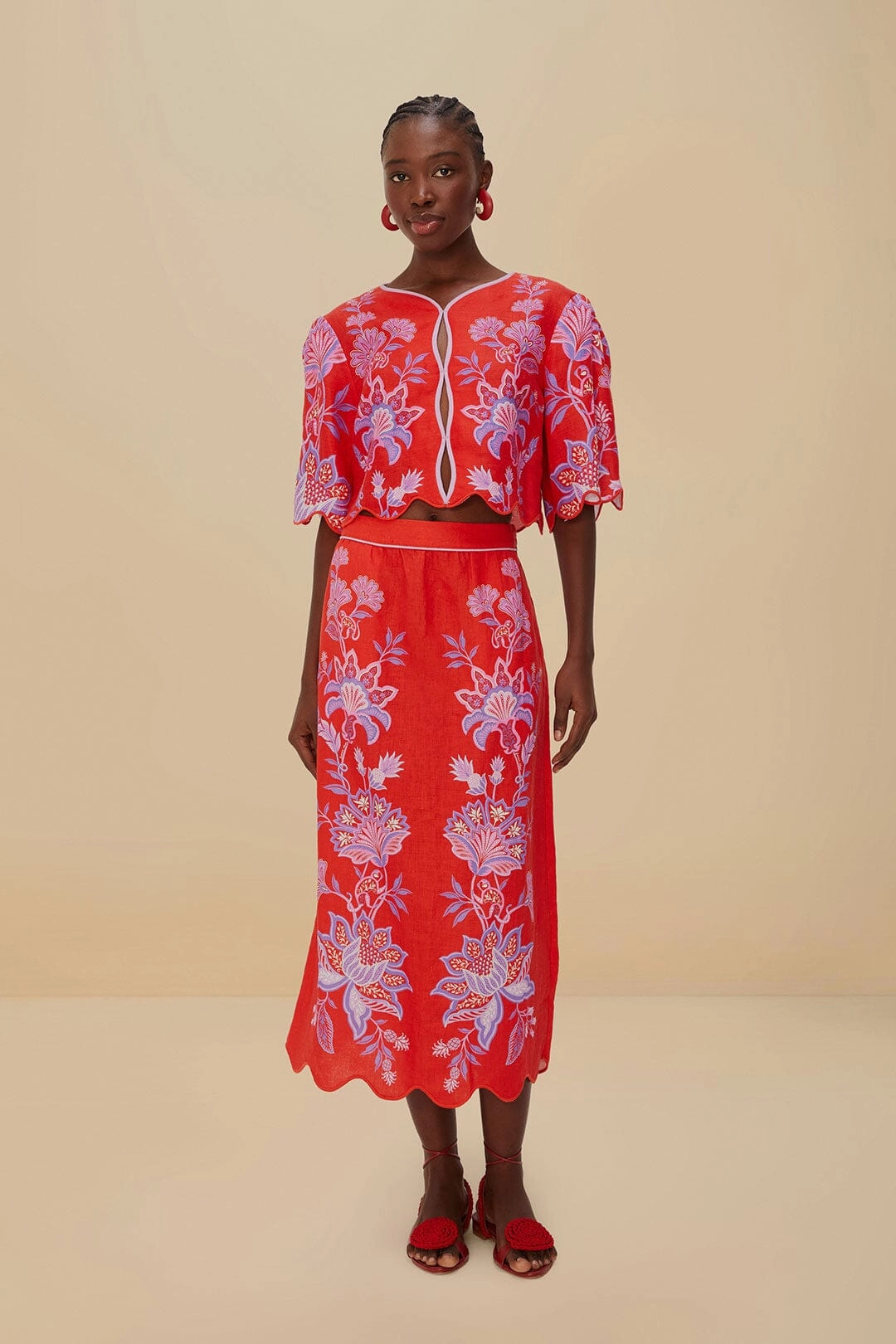 Comfort Mood Red Porcelain Garden Euroflax? Premium Linen Midi Skirt