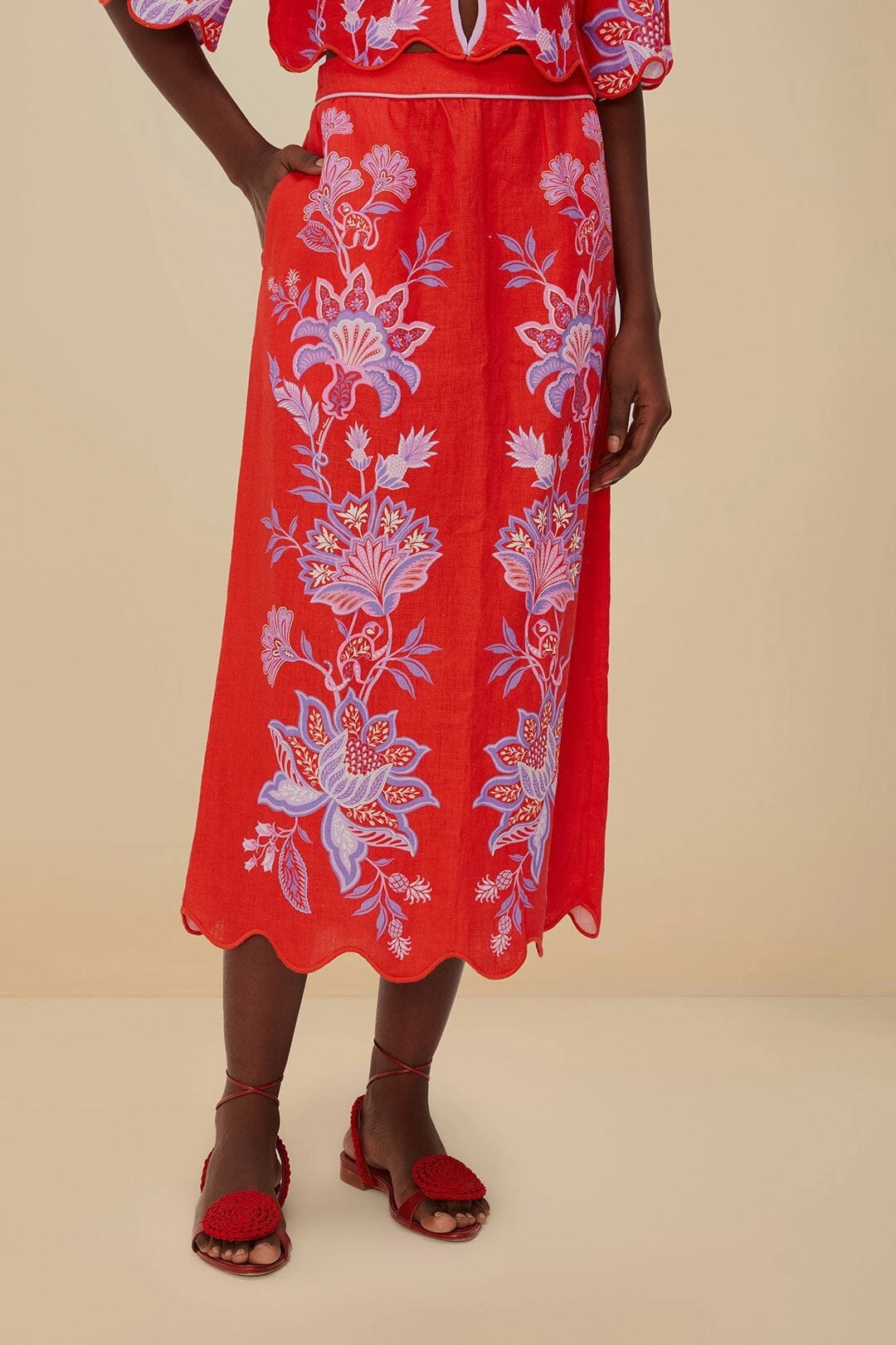 Red Porcelain Garden Euroflax? Premium Linen Midi Skirt Chic Look