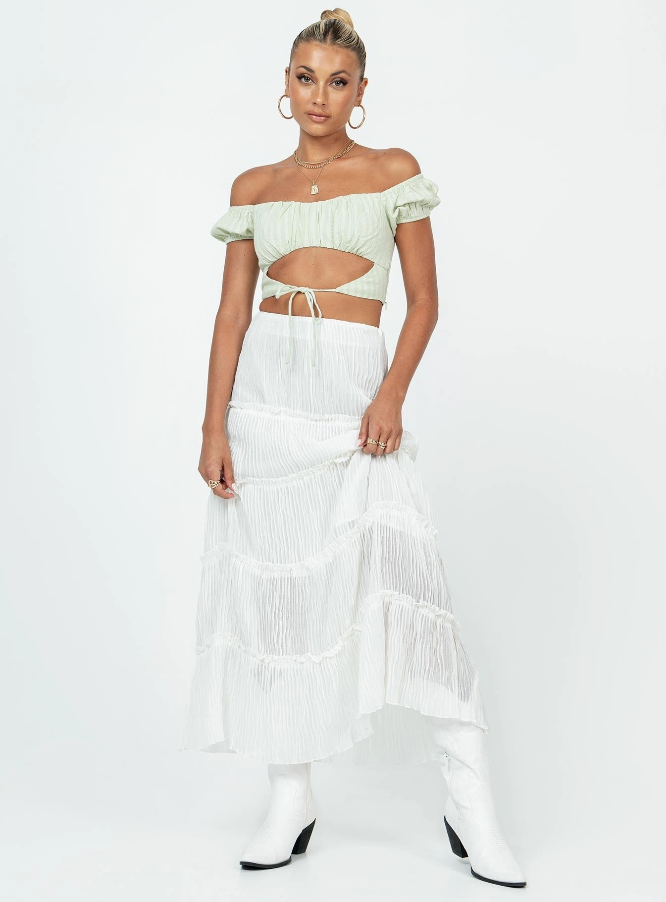 Wrinkle Resistant Finish Sun Down Mid Rise Maxi Skirt White