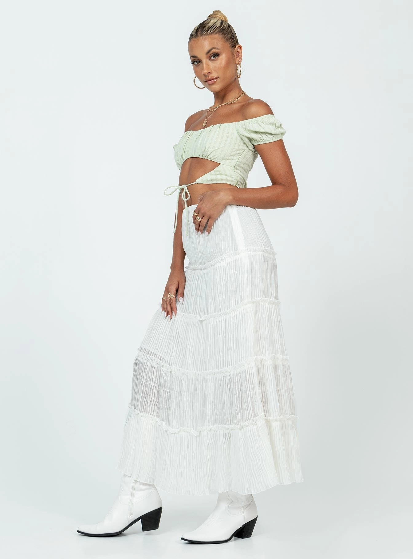 Business Meeting Polished Cut Sun Down Mid Rise Maxi Skirt White