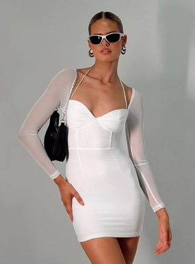 Flavelle Long Sleeve Mini Dress White Petal Zone Statement Neck