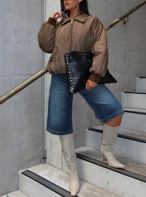 Flexible Waistband Say Less Bomber Jacket Dark Brown