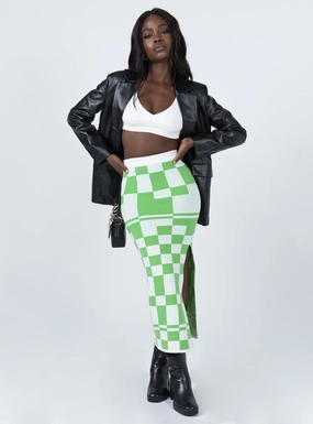 Cozy Vibes Whitemore Checkboard Midi Skirt Green
