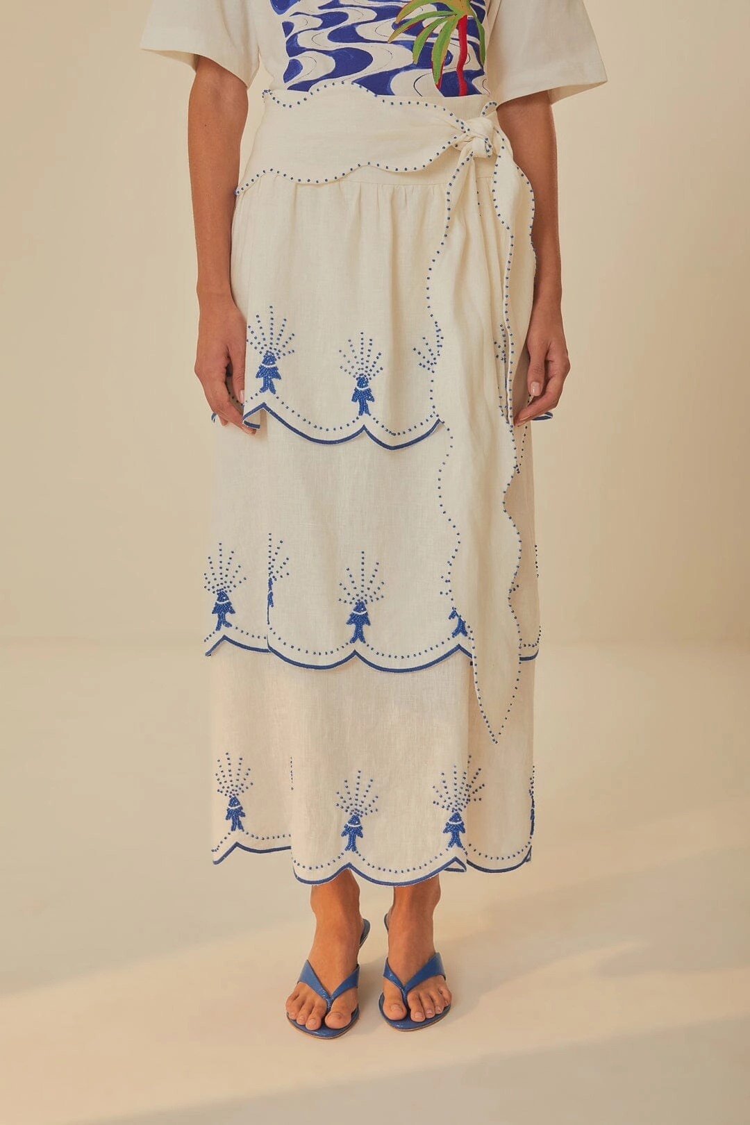 Bold Mood Street Ready Off-White Sea Of Fish Embroidered Midi Skirt