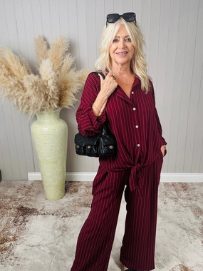 Avery Pinstripe Trousers Wine Elastic waist Lightweight Fit