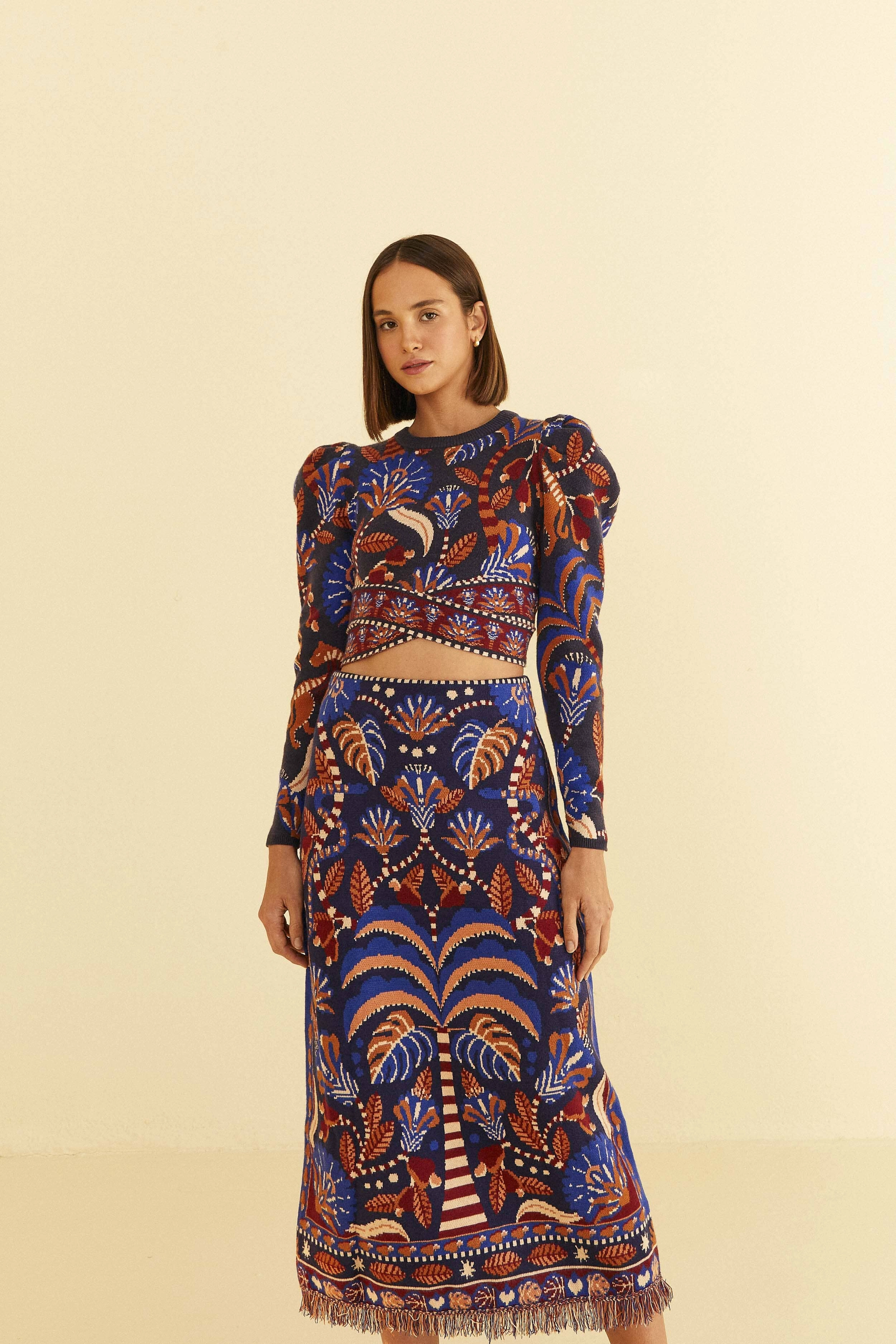 Blue Nature Beauty Scarf Knit Midi Skirt Day Wear Luxury Feel
