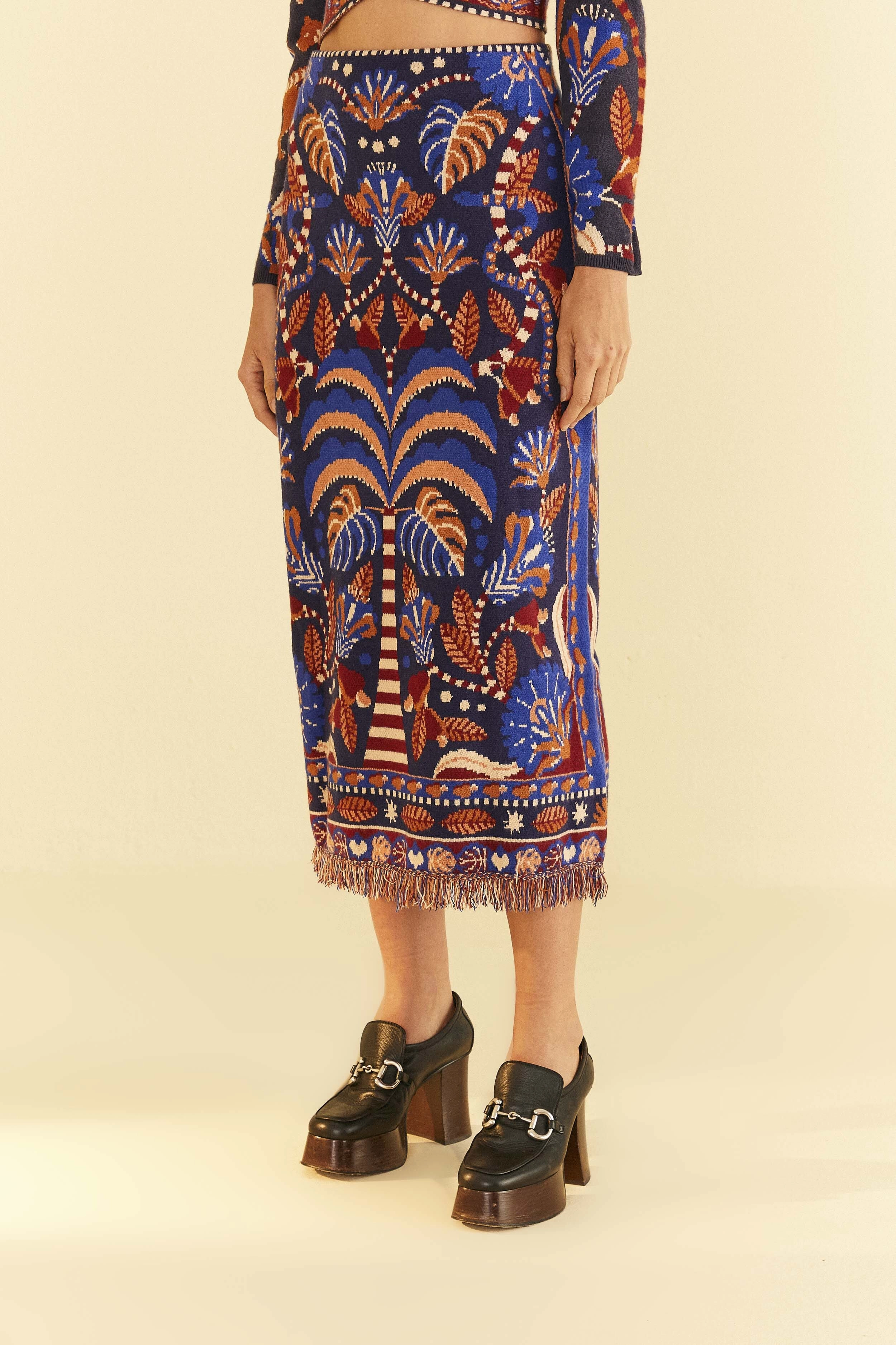 Blue Nature Beauty Scarf Knit Midi Skirt Monochrome Outfit