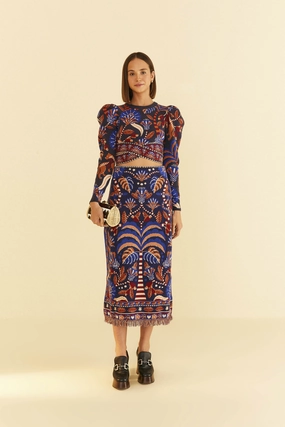 Blue Nature Beauty Scarf Knit Midi Skirt Summer Picnic