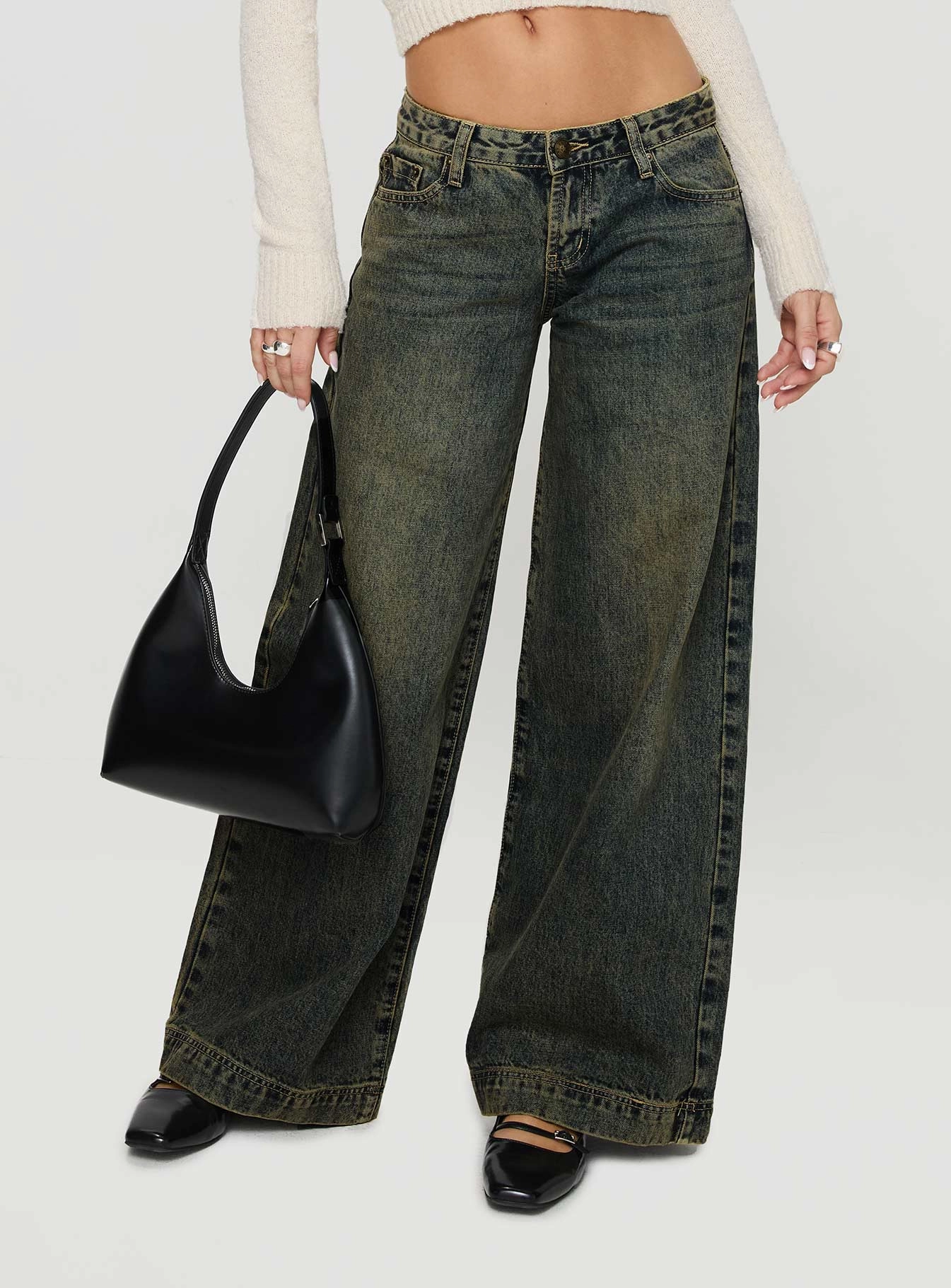 Ribbon Stamp Low Rise Wide Leg Jeans Antique Wash Simple Utility