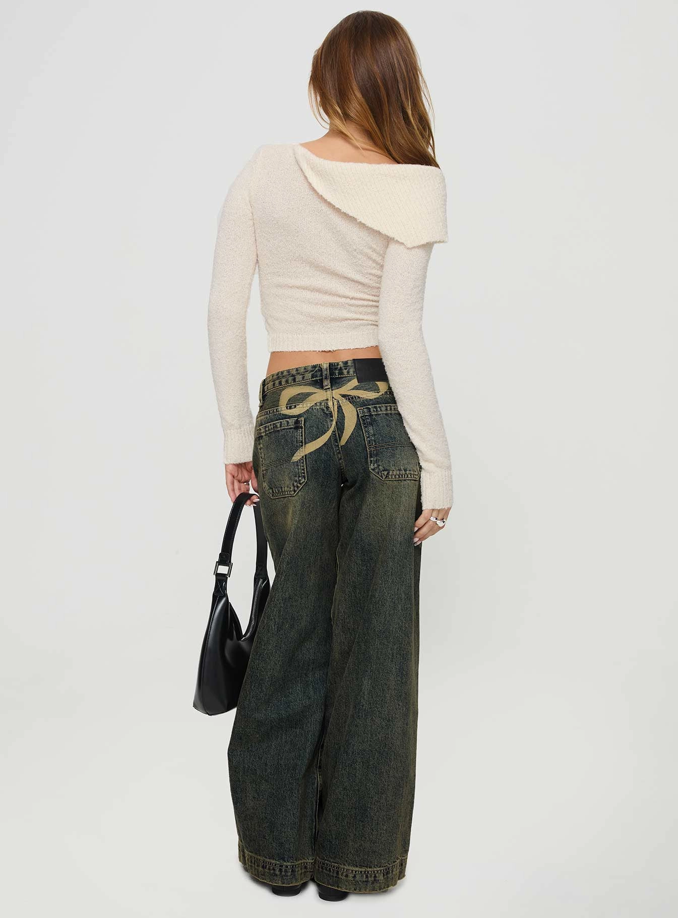 Flex Look Weather Friendly Ribbon Stamp Low Rise Wide Leg Jeans Antique Wash