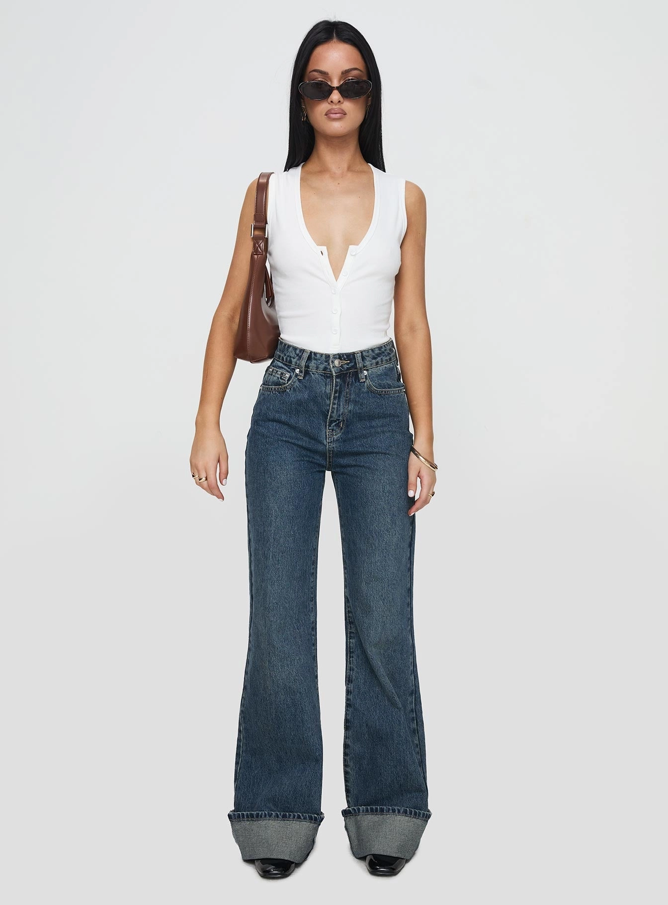 Reinforced Stitching Florida Keys Mid Rise Straight Leg Cuffed Jeans Mid Blue