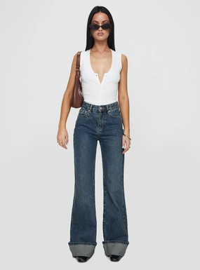Reinforced Stitching Florida Keys Mid Rise Straight Leg Cuffed Jeans Mid Blue