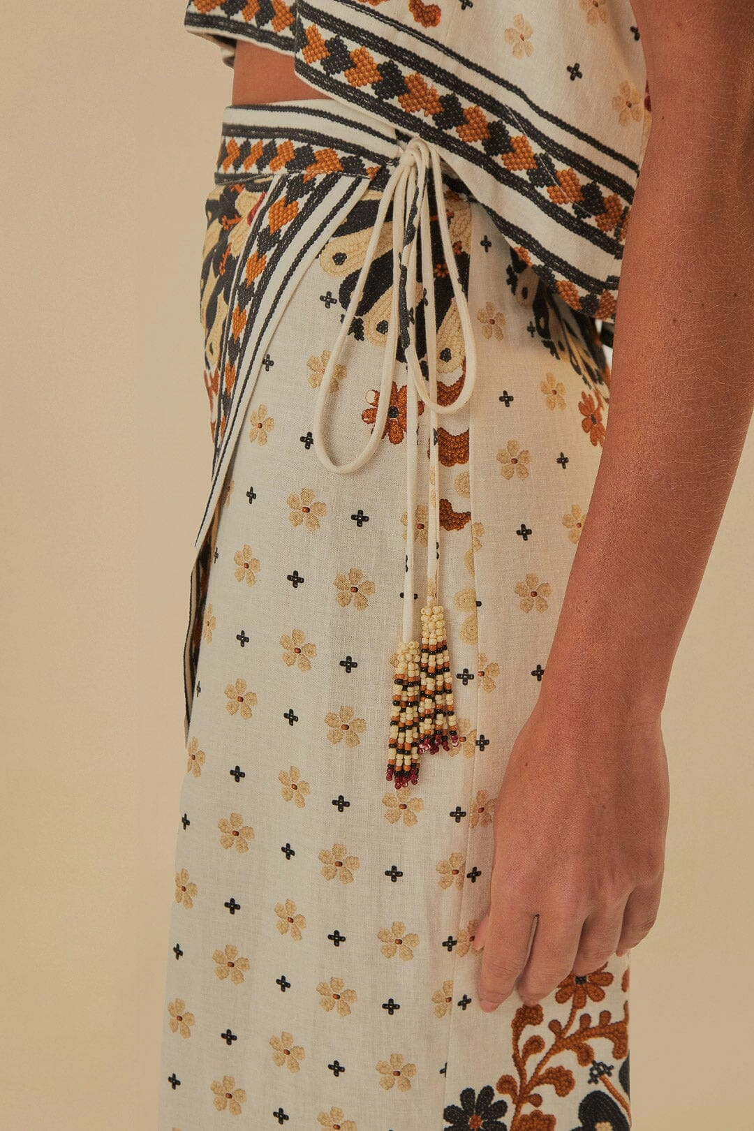 Flower Fan Tapestry Off-White Wrap Midi Skirt Office Appropriate Matte Texture