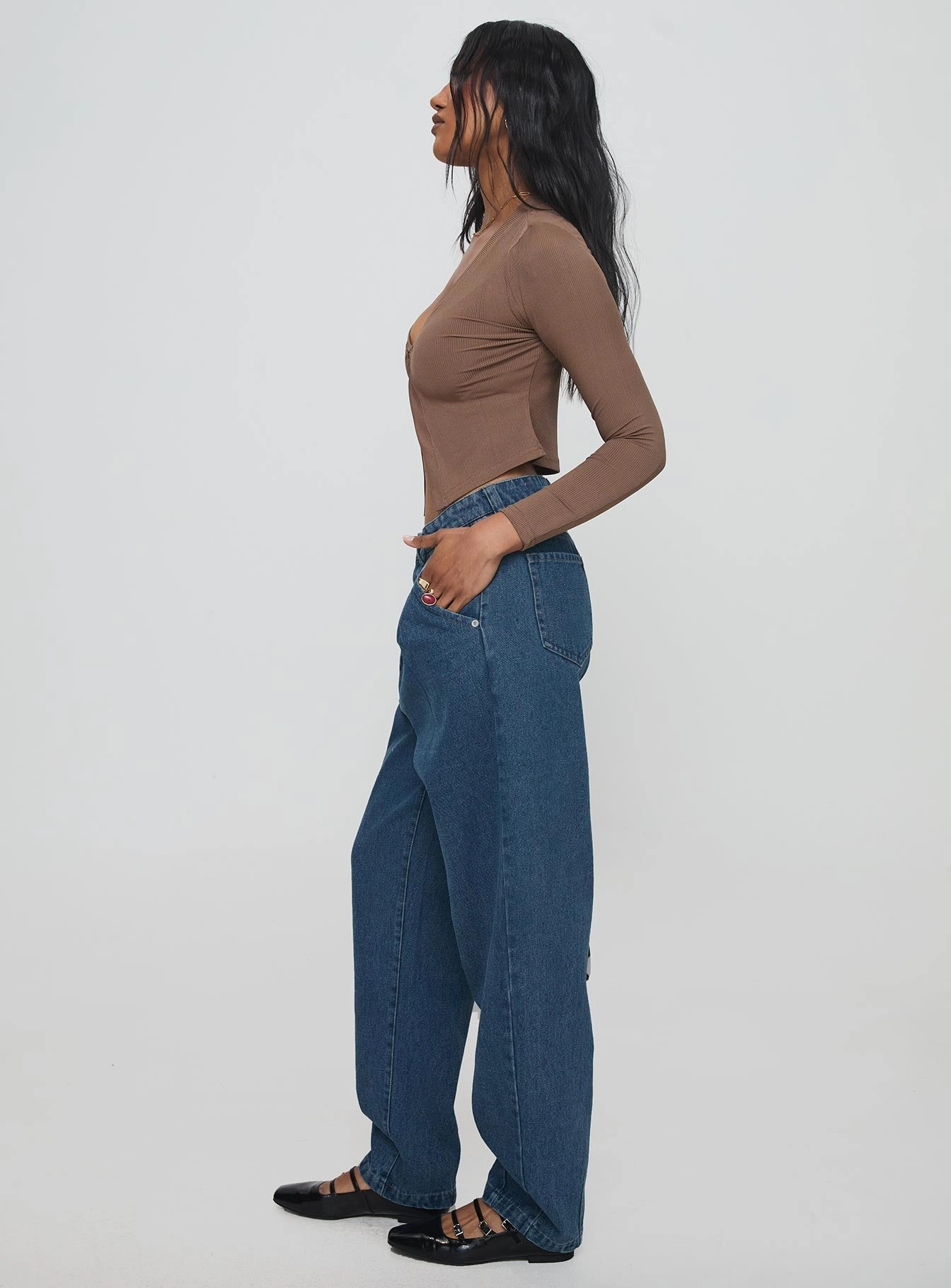 Night Out Rainy Day Forestier Mid Rise Barrel Leg Pin Tuck Jeans Mid Blue