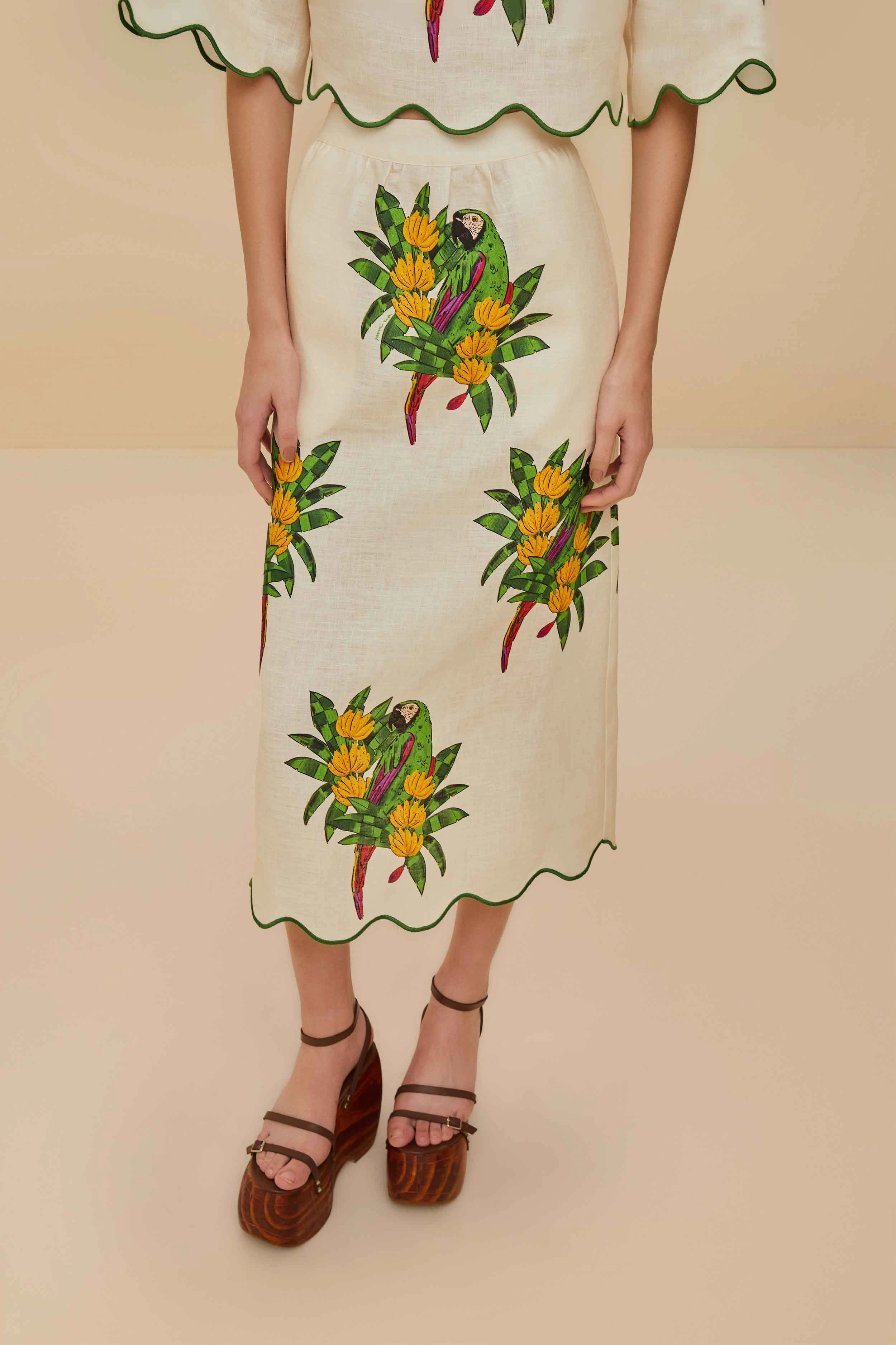 Soft Layers Active Wear Off-White Maracana Bird Euroflax? Premium Linen Midi Skirt