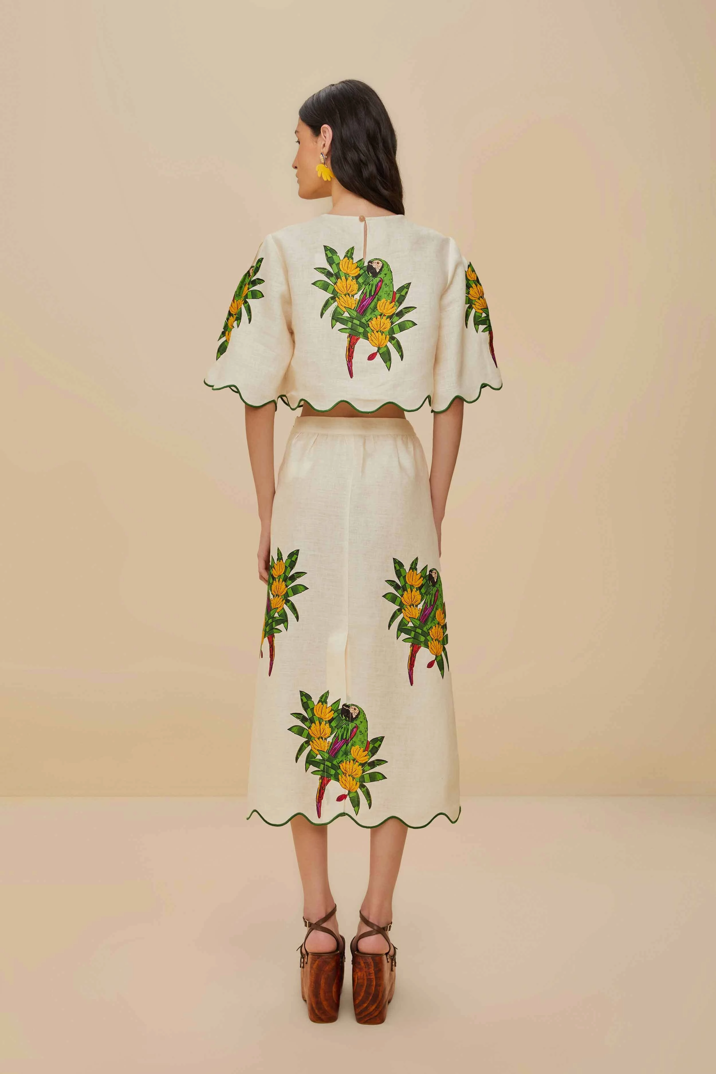 Off-White Maracana Bird Euroflax? Premium Linen Midi Skirt Adjustable Fastening Shirred Back