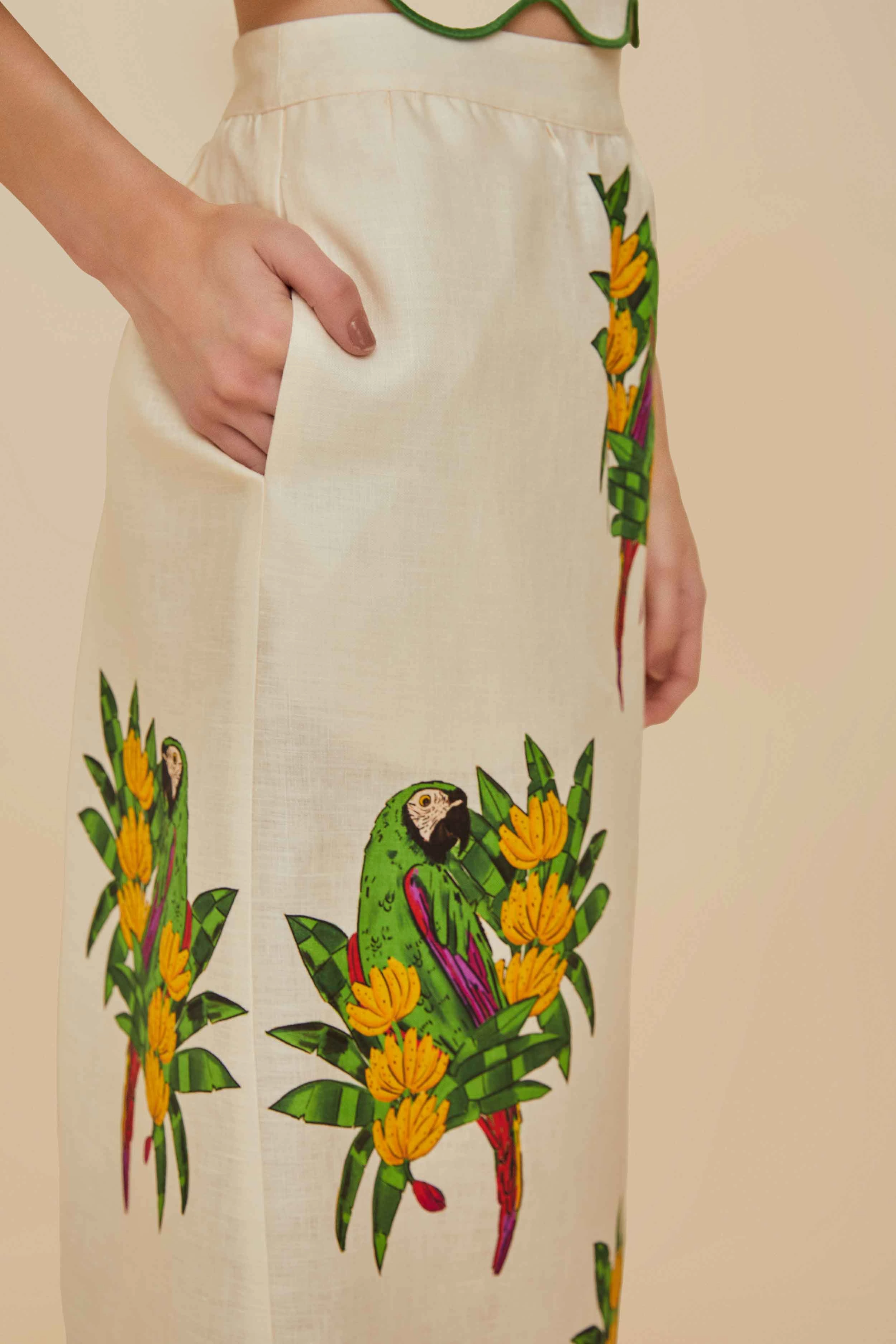 Off-White Maracana Bird Euroflax? Premium Linen Midi Skirt Smooth Edging Fashion Week Ready