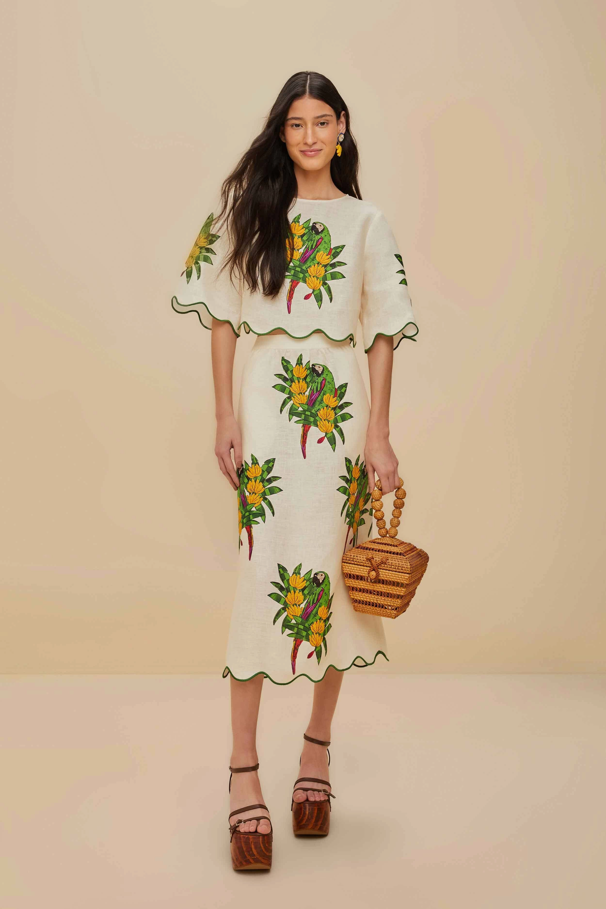 Relax Outfit Heat Dissipating Fabric Off-White Maracana Bird Euroflax? Premium Linen Midi Skirt