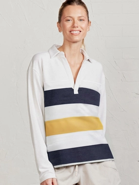 French Terry Polo Sweatshirt - Stripe Minimalist Stitching Overlock Edging