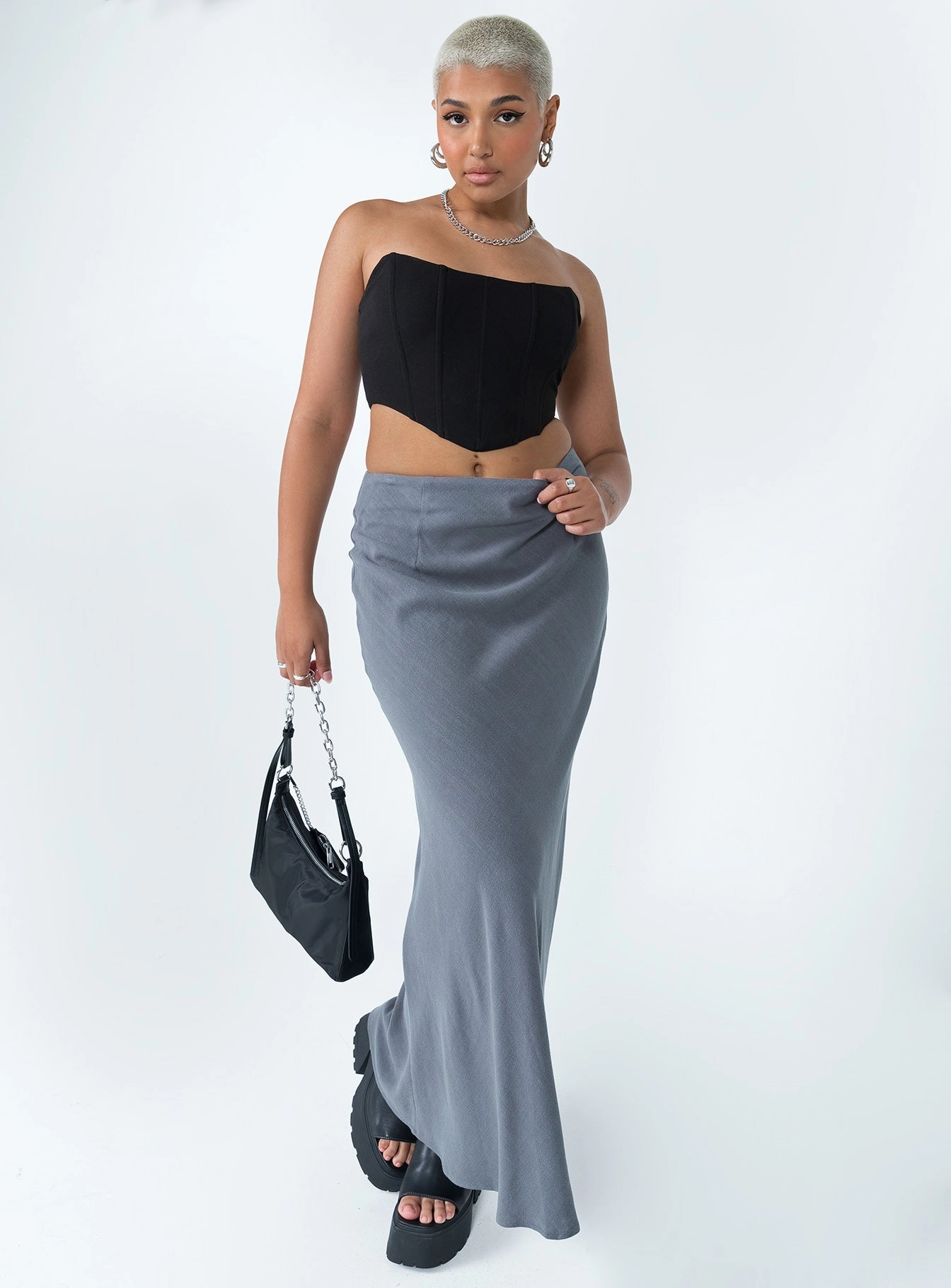 Jodie Maxi Skirt Grey Luxury Trim Style Moment