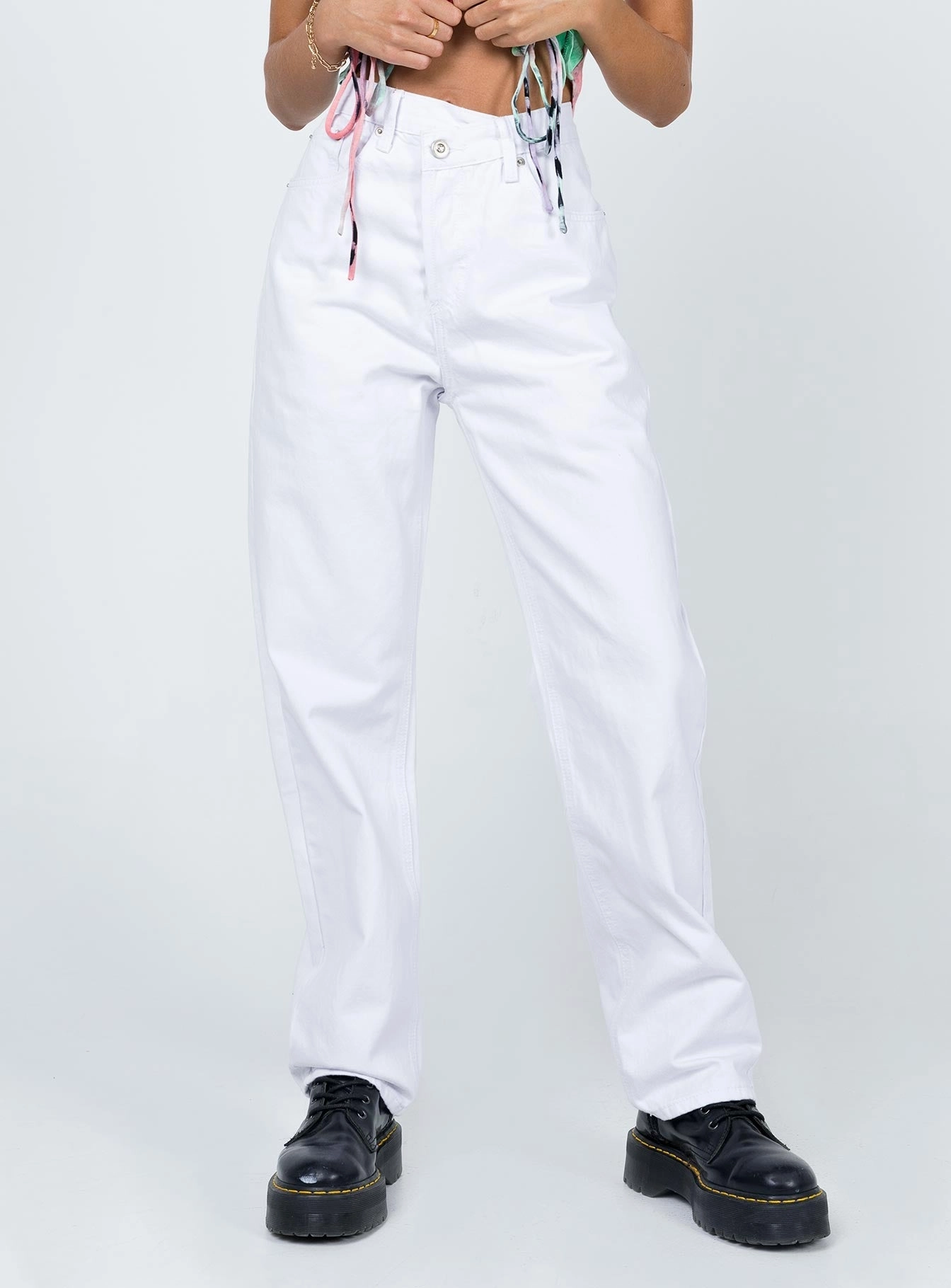 Neutral Fabric Holly Asymmetric Straight Leg Jeans White Denim