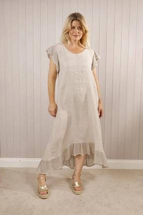 Frill edge Linen Maxi Dress Beige Artistic Flair