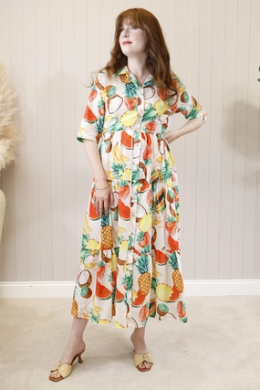 Lace Ease Fruit Print Belted Dress