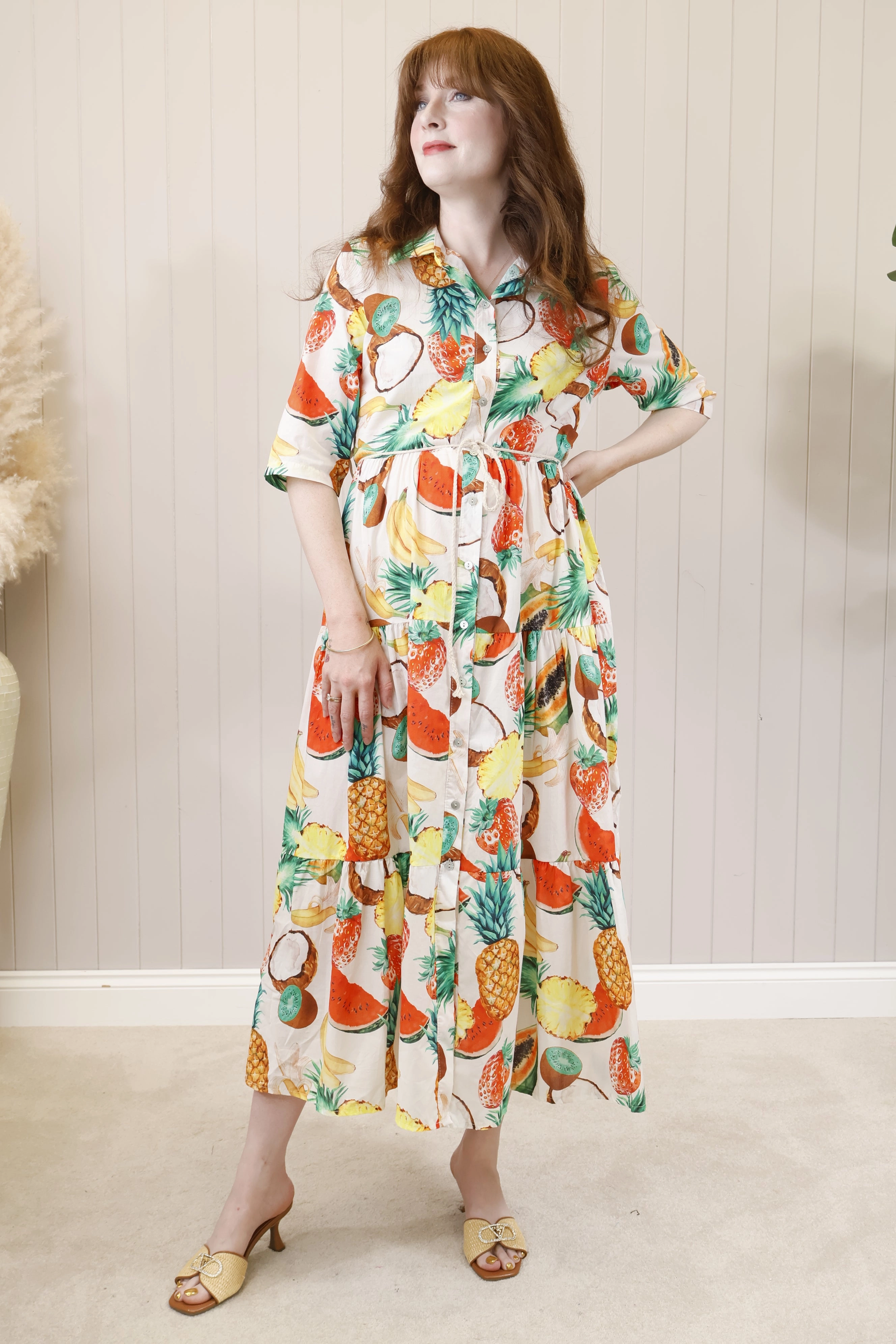 Lace Ease Fruit Print Belted Dress