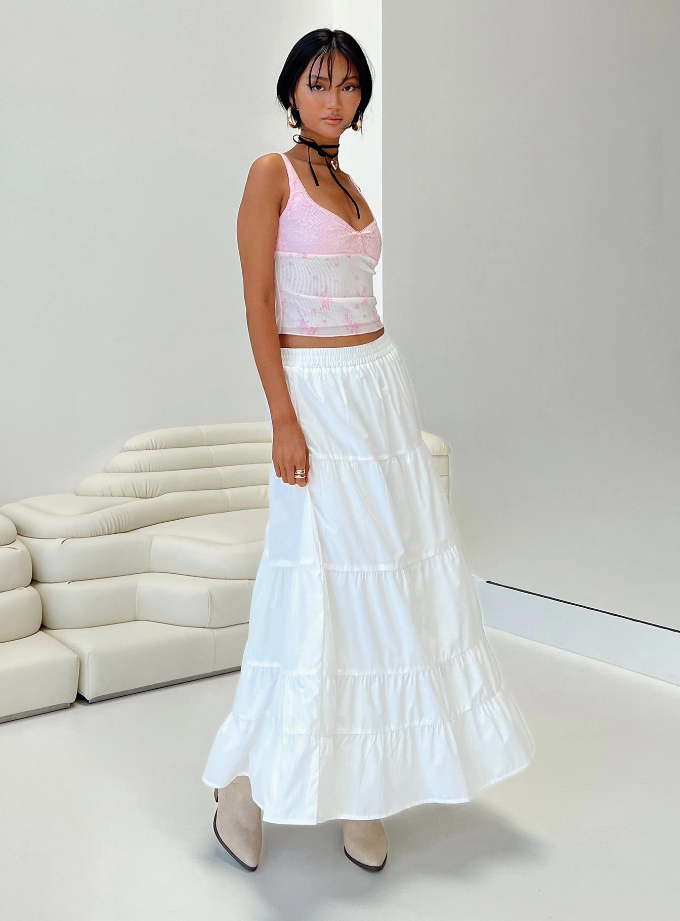 Basic Layers Office Appropriate Garden Party Maxi Skirt White