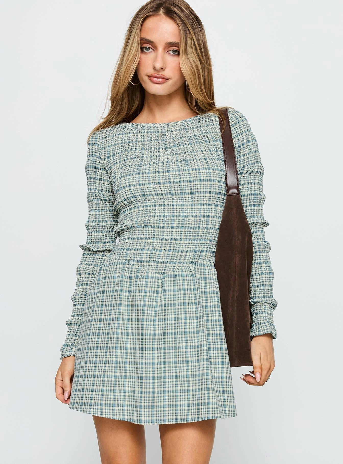 Generations Long Sleeve Mini Dress Green Check Sleek and Simple