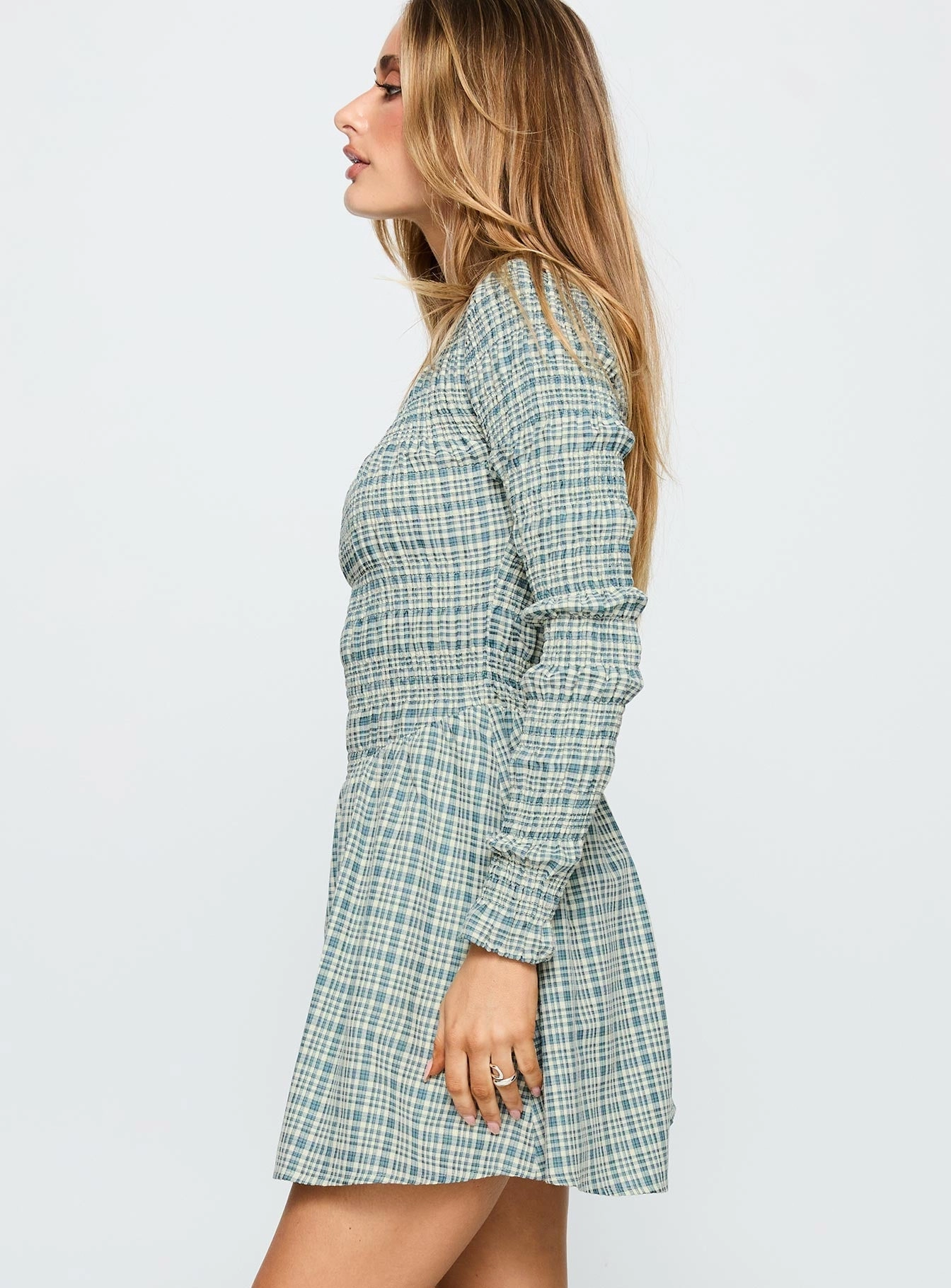 Classic Touch Chill Detail Generations Long Sleeve Mini Dress Green Check