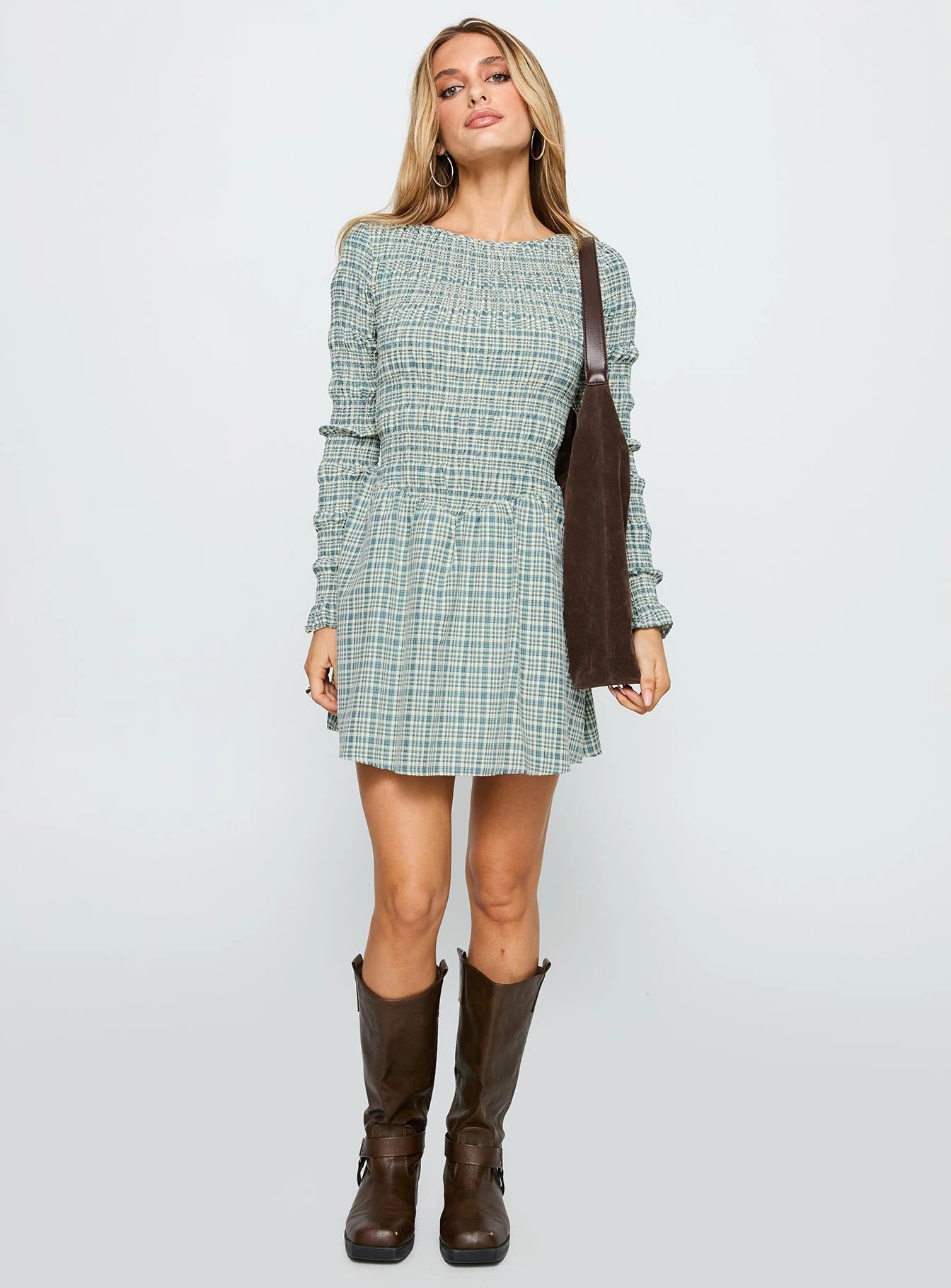 Dress-Up Style Smart Fit Generations Long Sleeve Mini Dress Green Check