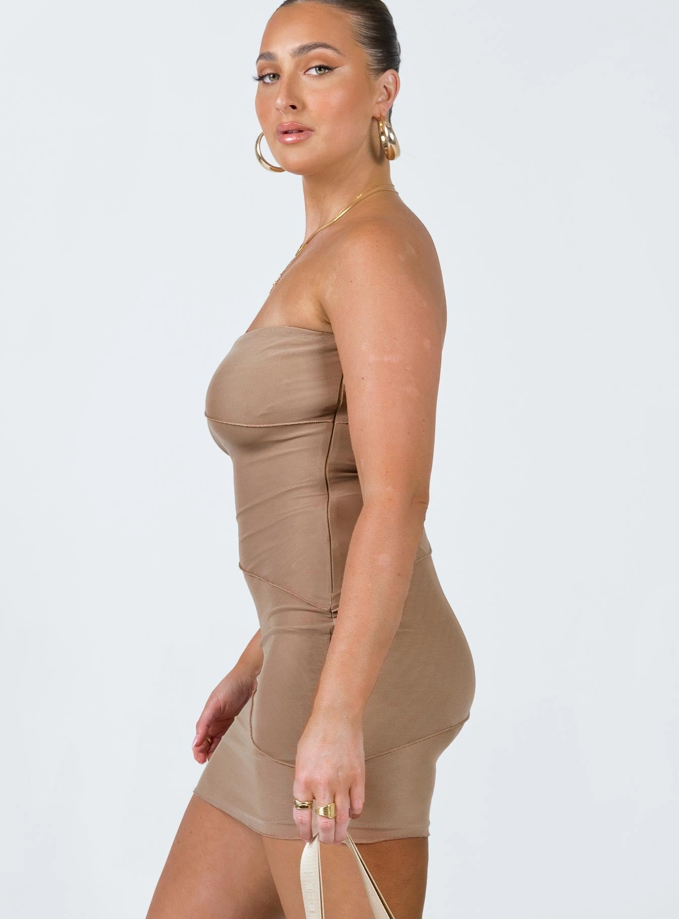Giorgia Strapless Mini Dress Beige Button Chic Coastal Soft