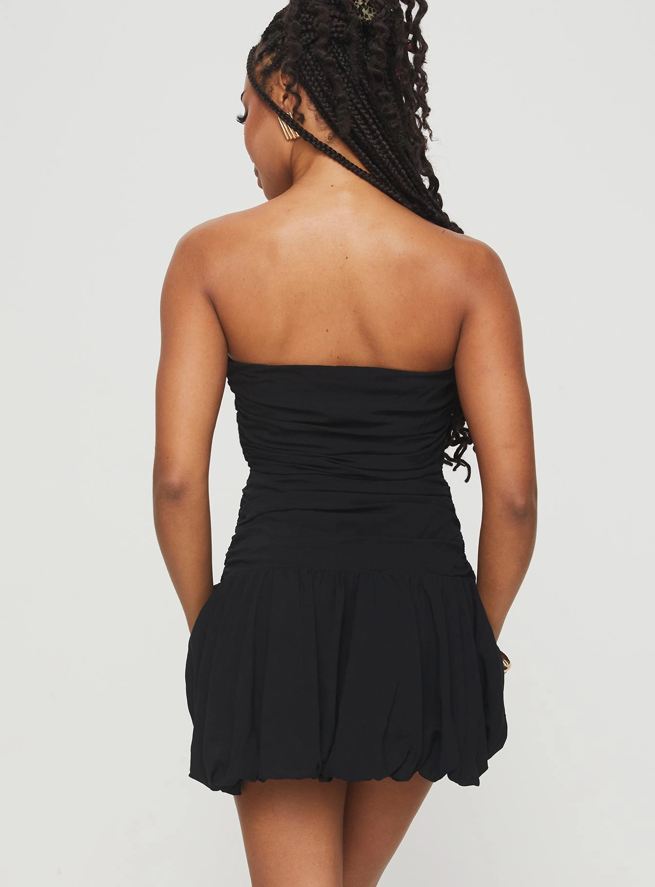 Glamour Girl Strapless Bubble Hem Mini Dress Black Calm Drape