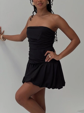 Vibrant Hue Life Soft Glamour Girl Strapless Bubble Hem Mini Dress Black