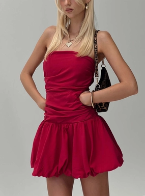 Villa Light Office Cool Glamour Girl Strapless Bubble Hem Mini Dress Red