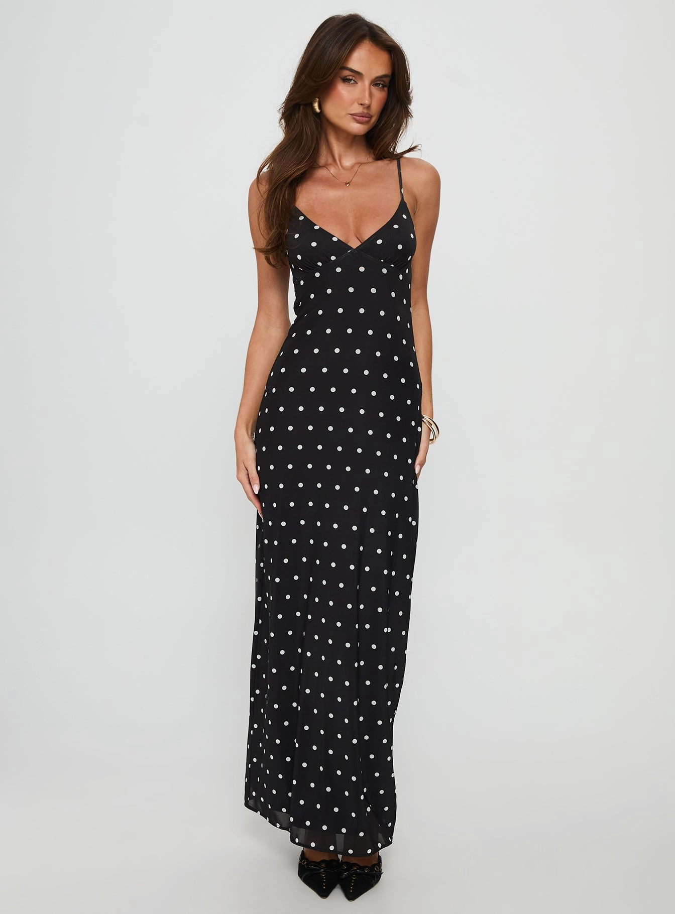 Understated Glam Glass Half Full Mesh Maxi Dress Black Polka