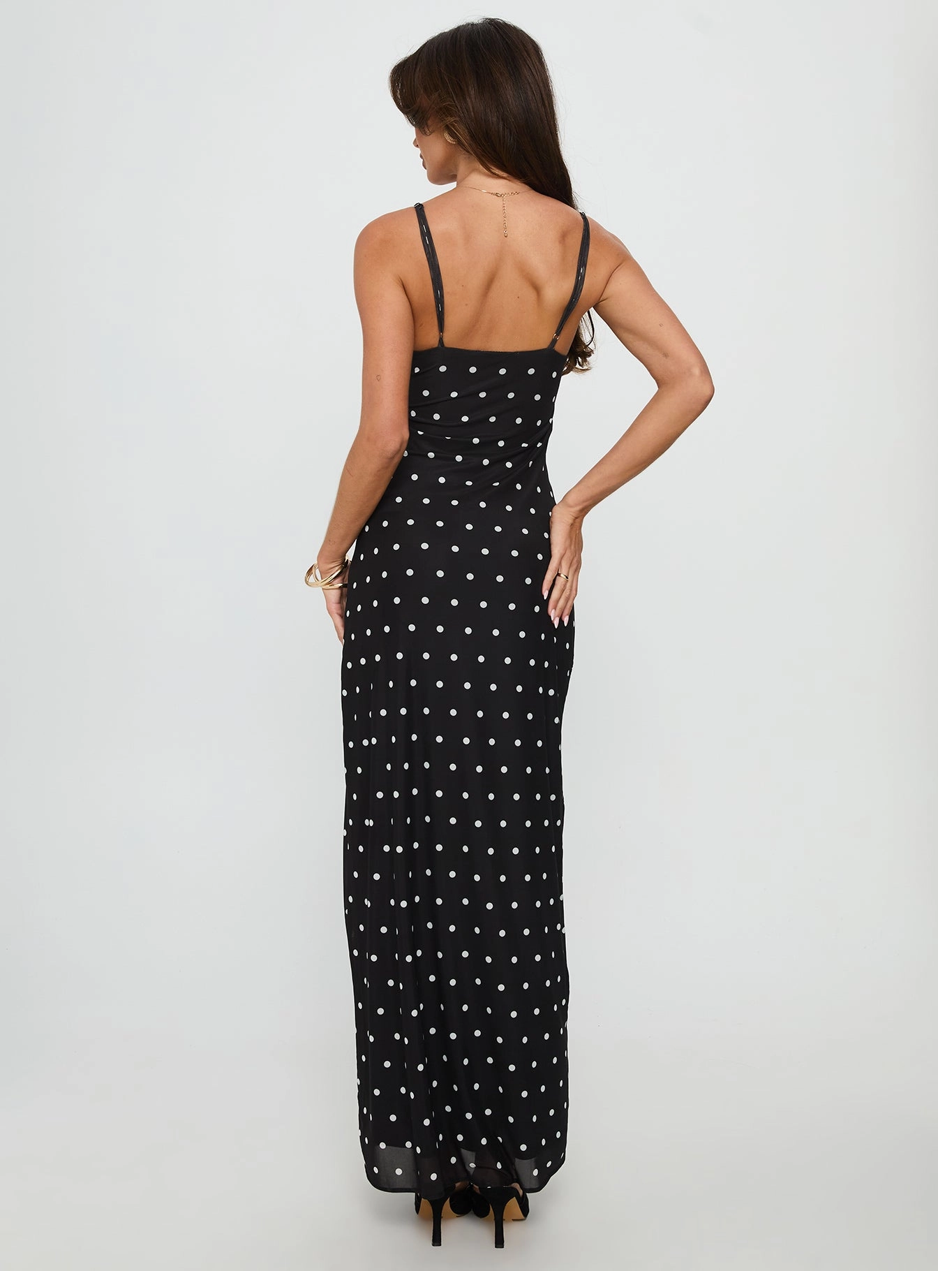 cut out Slim Silhouette Glass Half Full Mesh Maxi Dress Black Polka