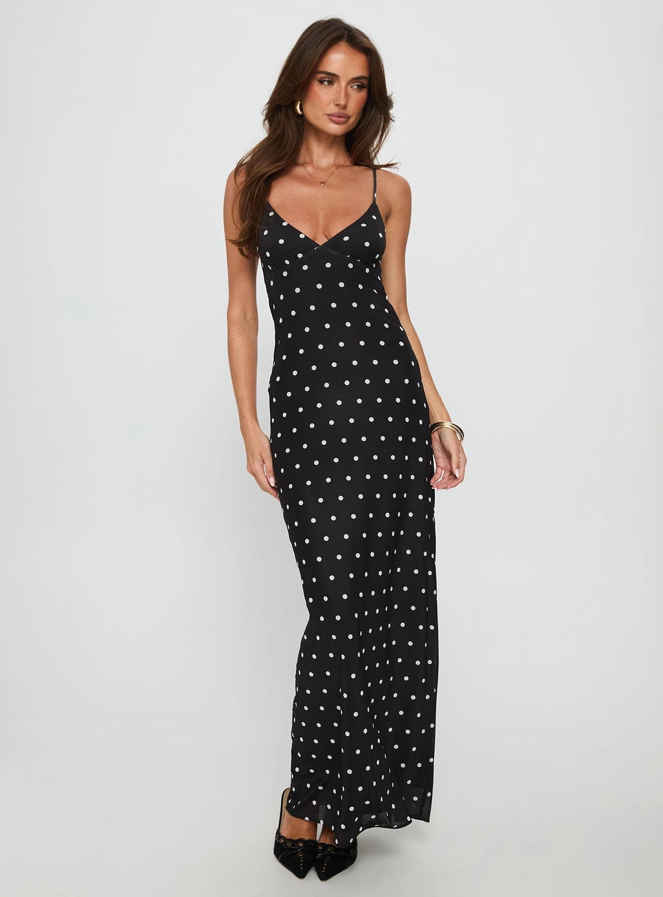Glass Half Full Mesh Maxi Dress Black Polka Breeze Grace Form Fit