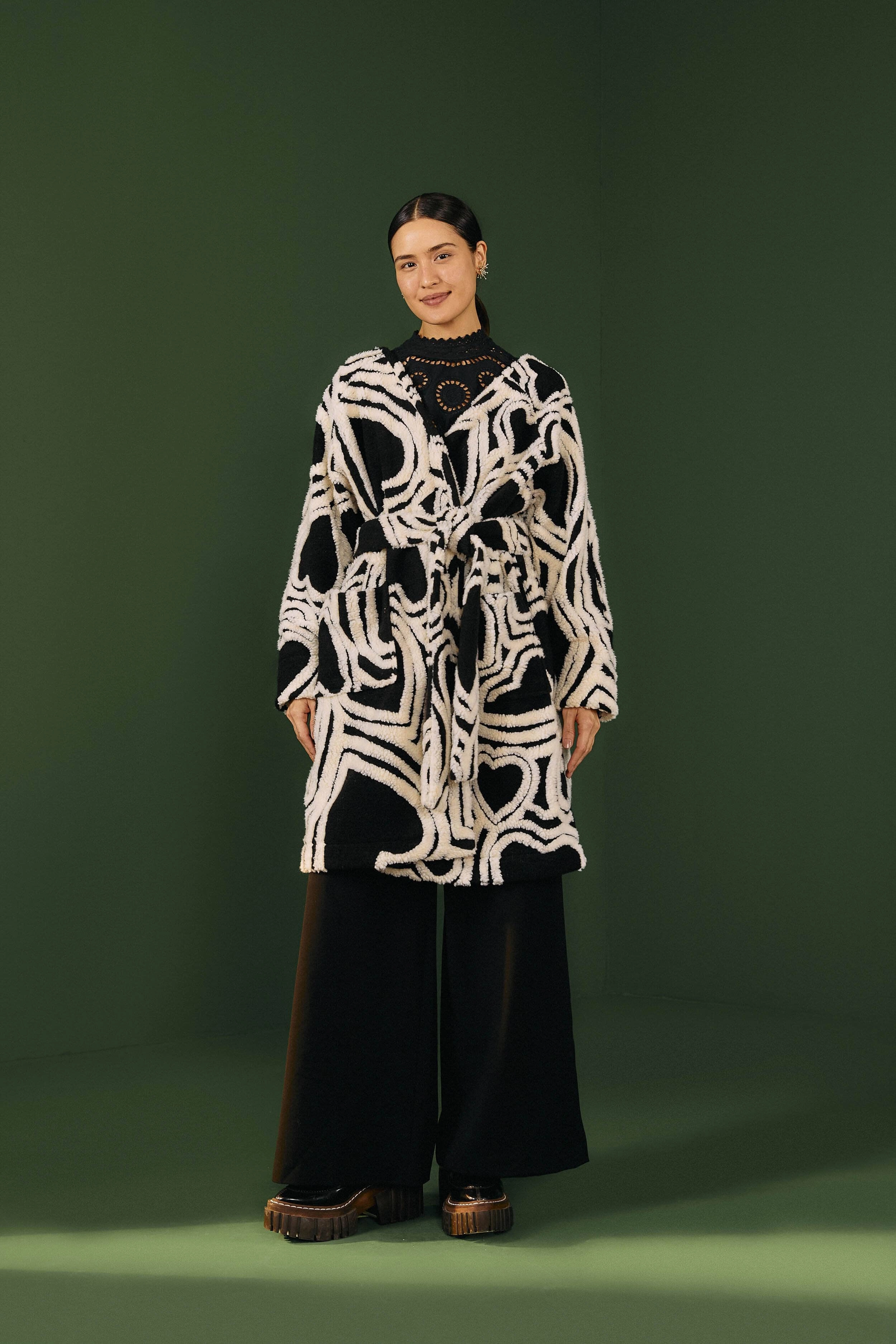 Black And White Wild Hearts Fleece Coat Functional Zip Detail Contrast Stitch