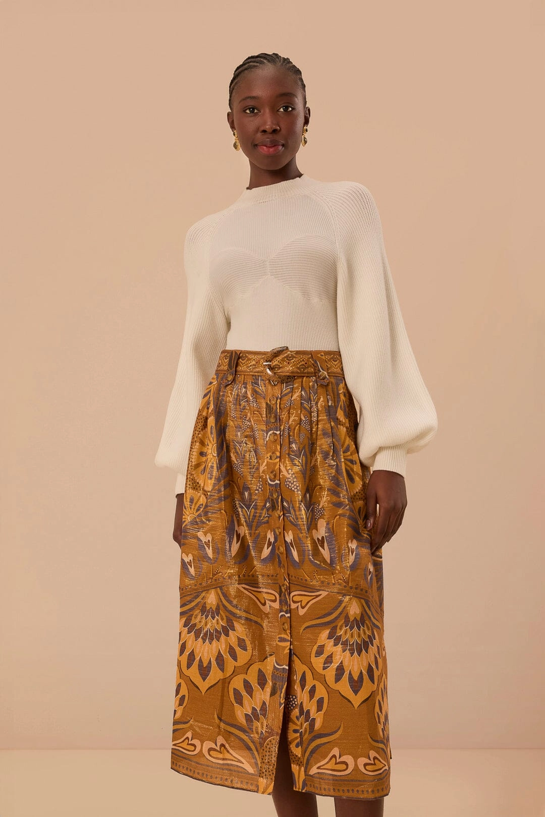 Faux Leather Style Moment Gold Heart Forest Midi Skirt