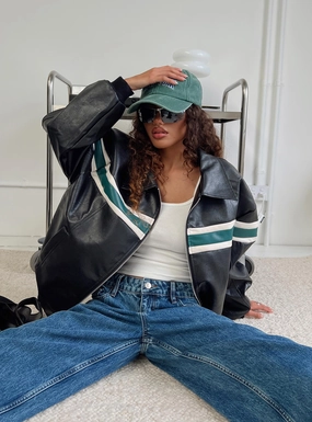 stand neck Goldsmith Faux Leather Bomber Jacket Black / Green