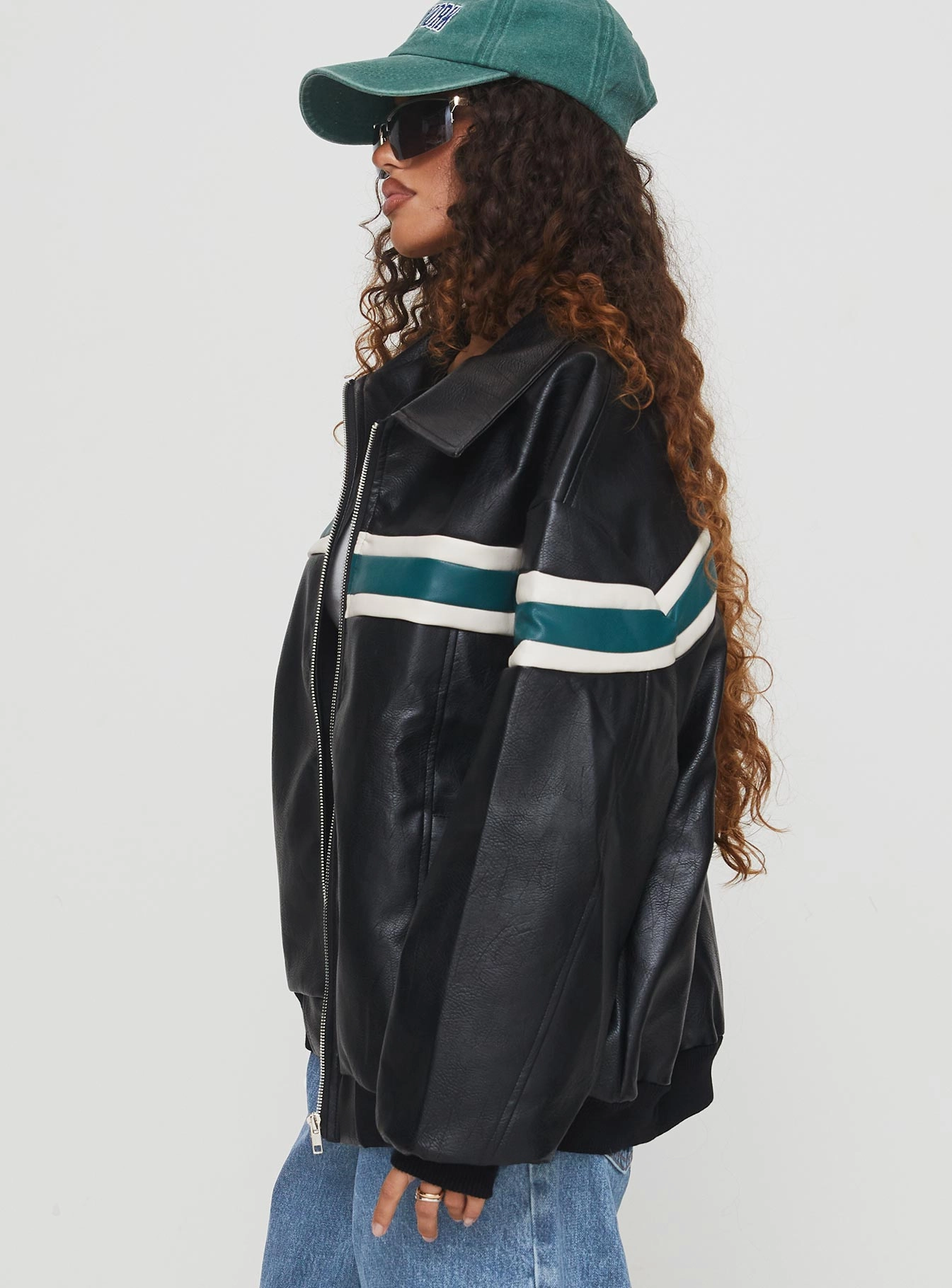 Crisp Weather Fit Goldsmith Faux Leather Bomber Jacket Black / Green