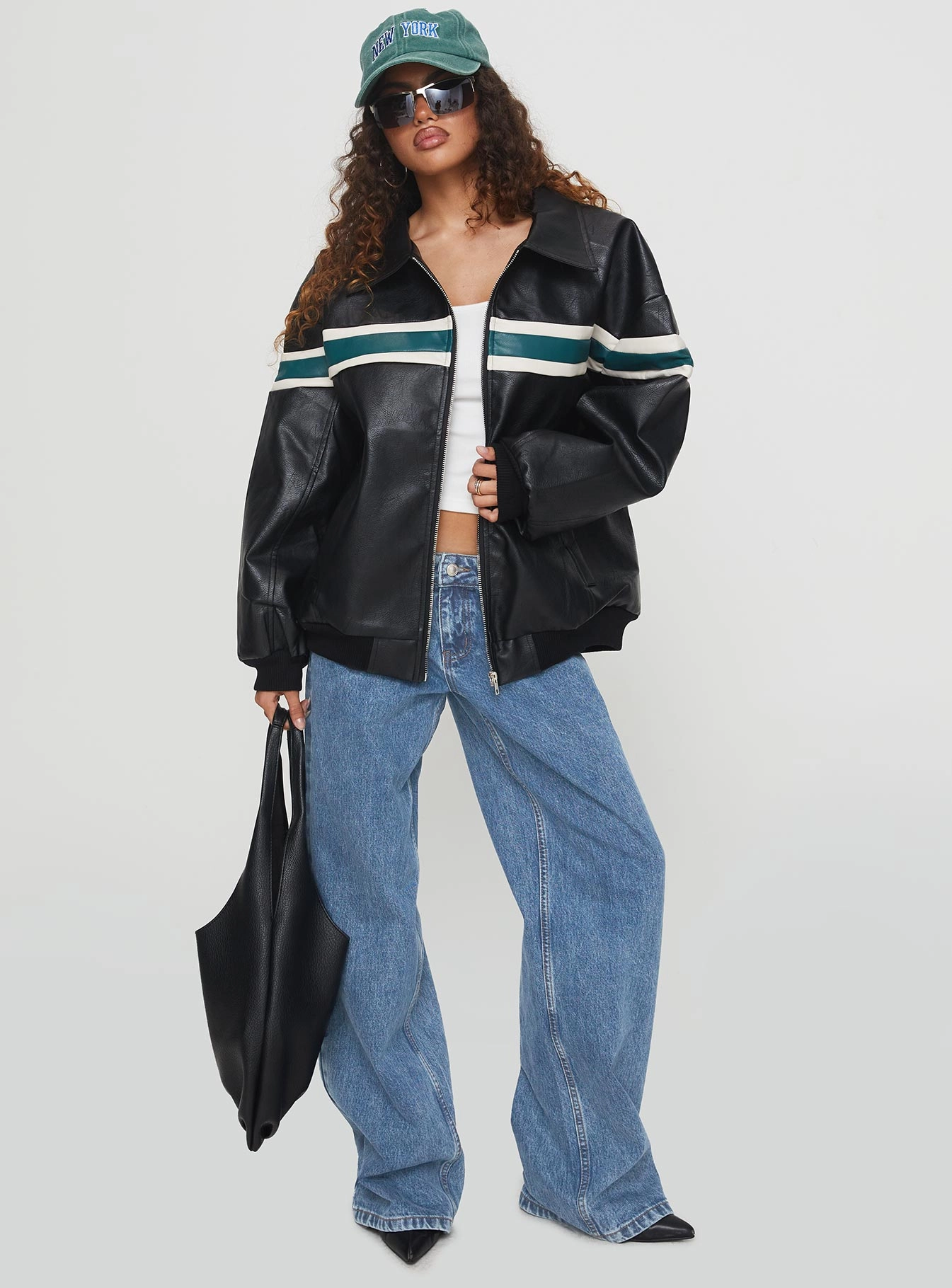 Functional Fit Goldsmith Faux Leather Bomber Jacket Black / Green