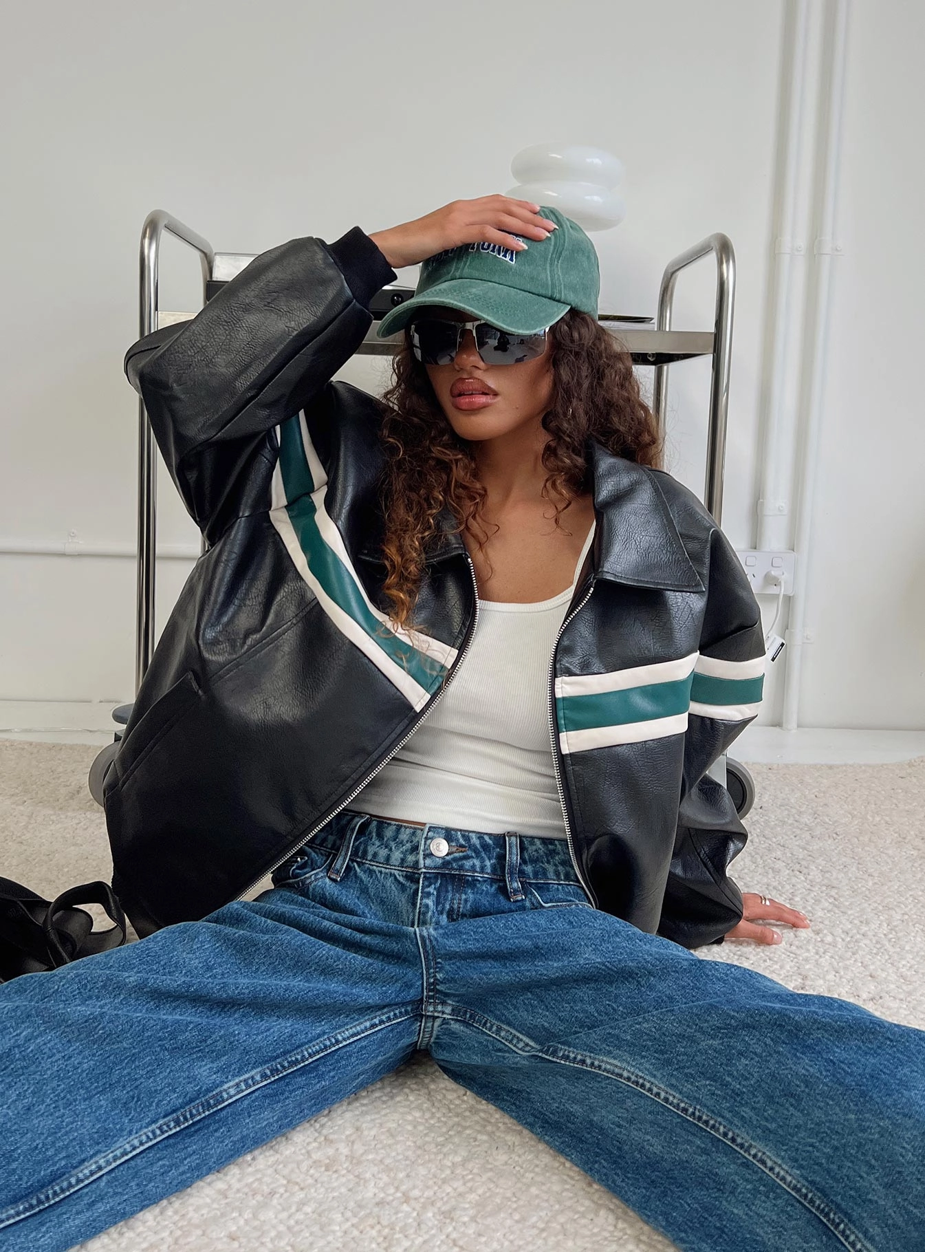 stand neck Goldsmith Faux Leather Bomber Jacket Black / Green