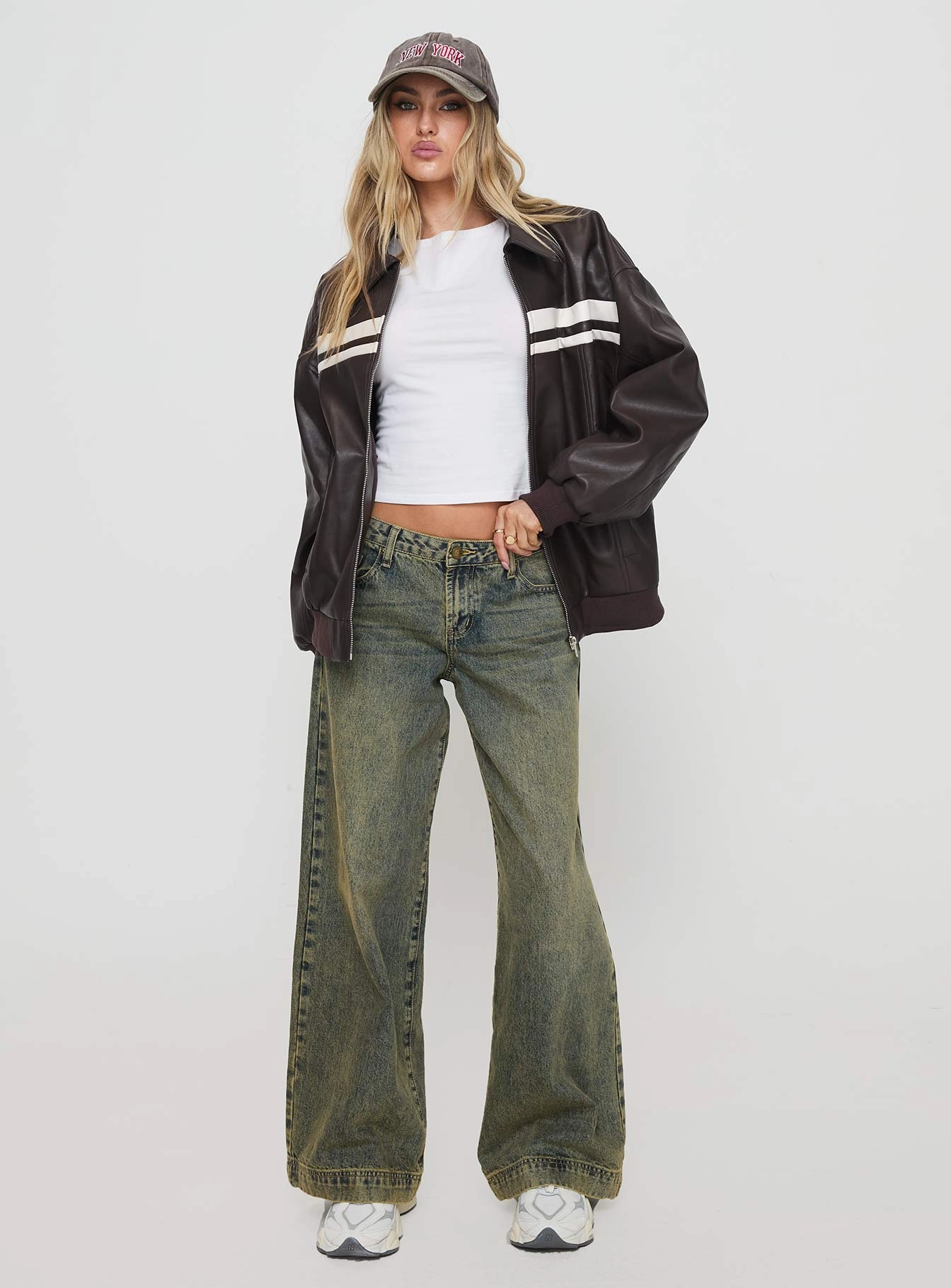Eco Friendly Dye Goldsmith Faux Leather Bomber Jacket Chocolate / White