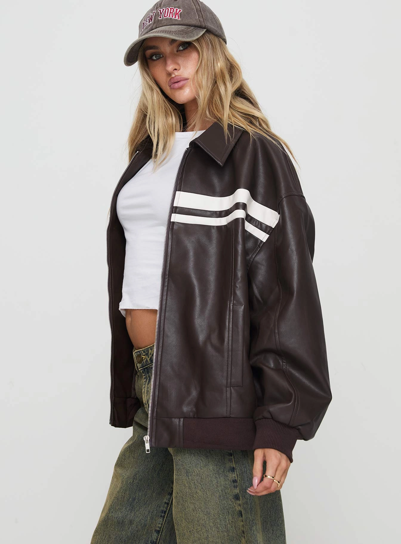 Goldsmith Faux Leather Bomber Jacket Chocolate / White stain resistant coating