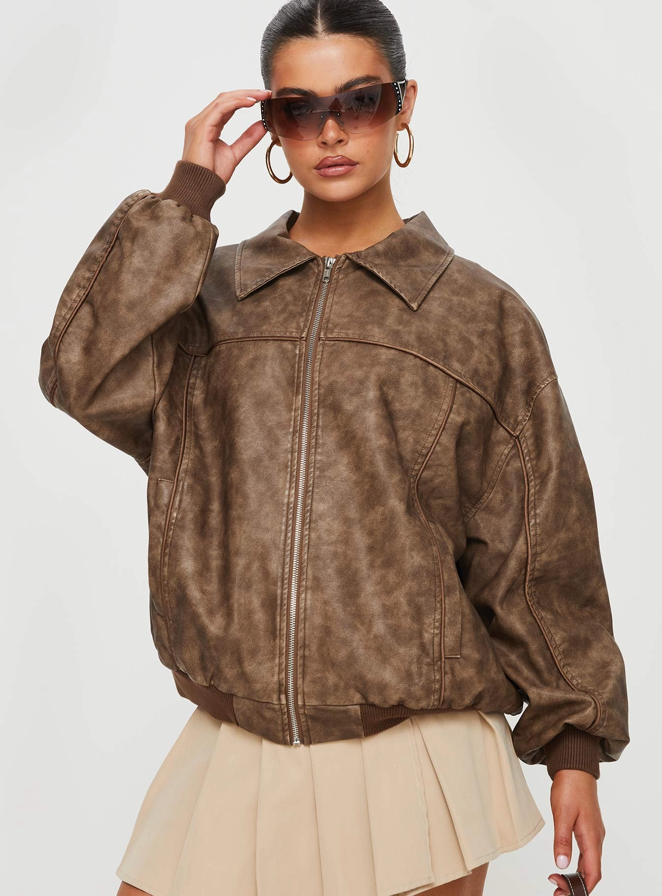Double Stitched Seams Goldsmith Faux Leather Bomber Jacket Washed Brown