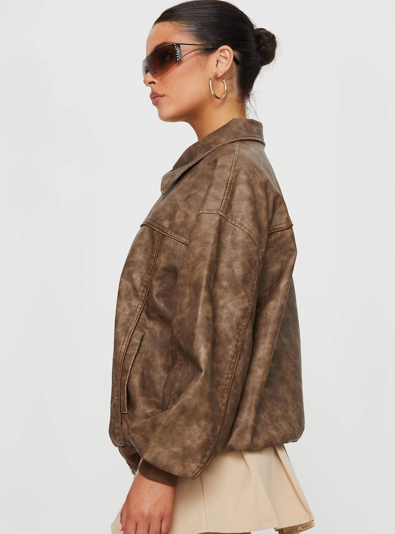 Goldsmith Faux Leather Bomber Jacket Washed Brown Weatherproof Seams