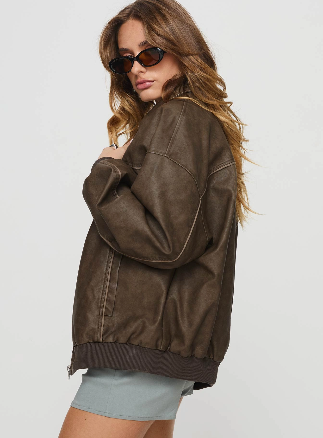Goldsmith Faux Leather Bomber Jacket Washed Brown Petite Trail To Town Full Length Zipper Closure